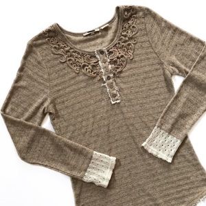 MISS ME • tan crochet trim button henley top